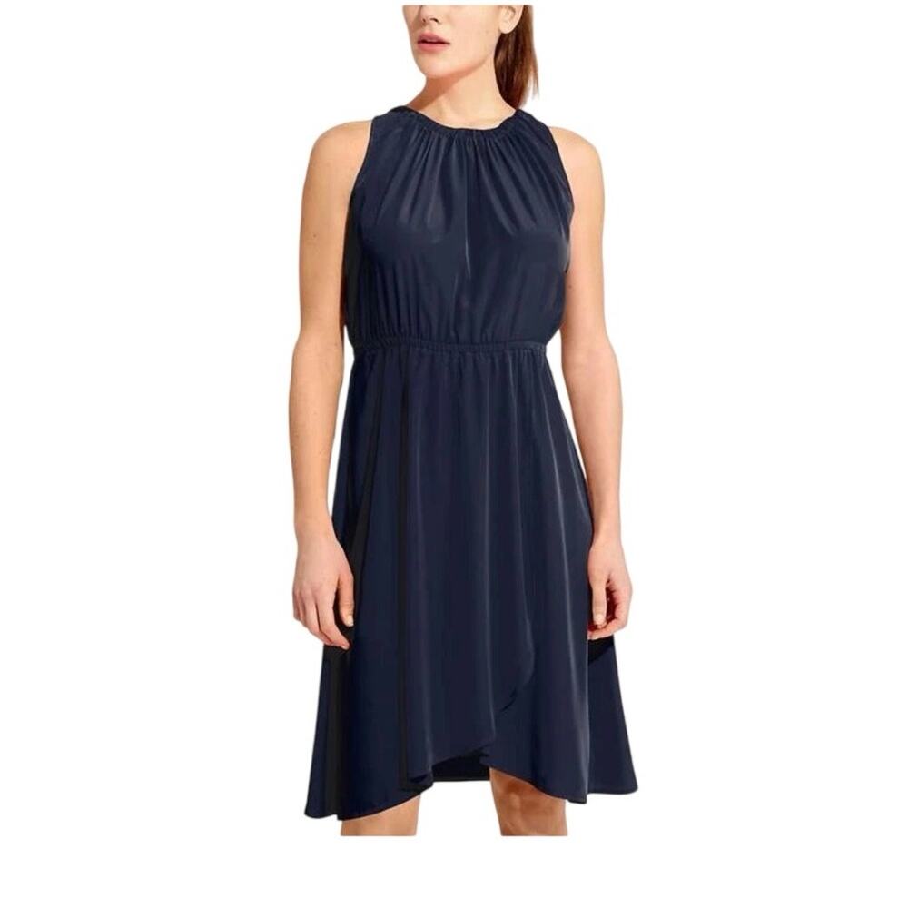 Athleta Martinique Navy Sleeveless Dress, Faux Wrap Tassel Tie Back, Large
